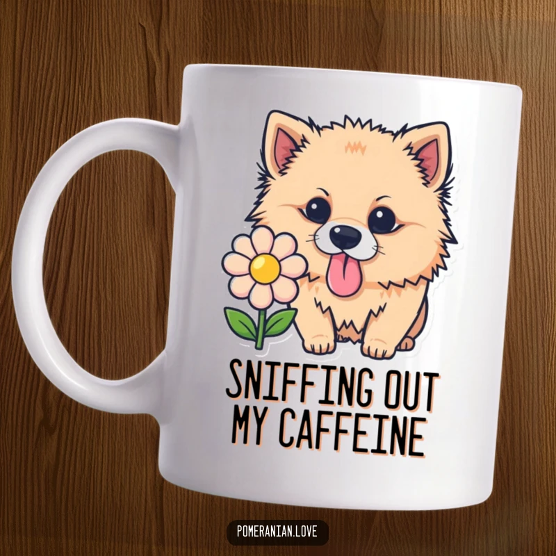 Funny Pomeranian mug, a curious pup with pink tongue sniffing a flower icon, celebrating nature and dog humor.