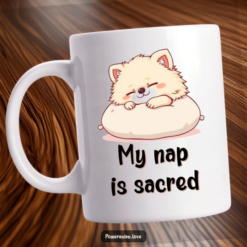 Funny Pomeranian cushion mug featuring a content dog snoozing peacefully, embodying ultimate relaxation and comfort. Perfect for dog lovers seeking humor.