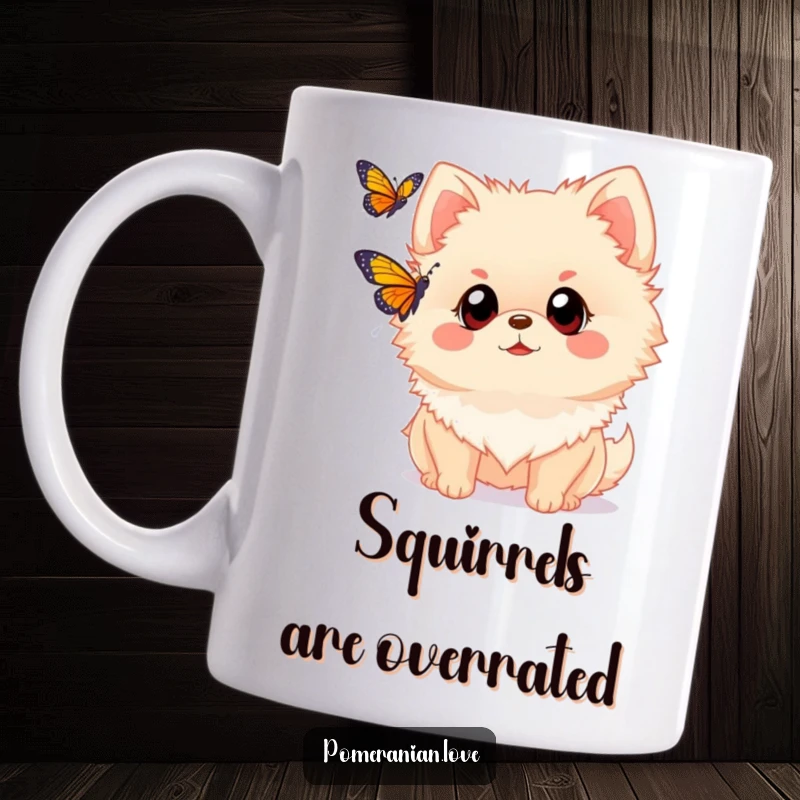 Funny Pomeranian mug showing a dog with wide eyes captivated by a fluttering butterfly. Evokes a sense of curiosity and innocent wonder.