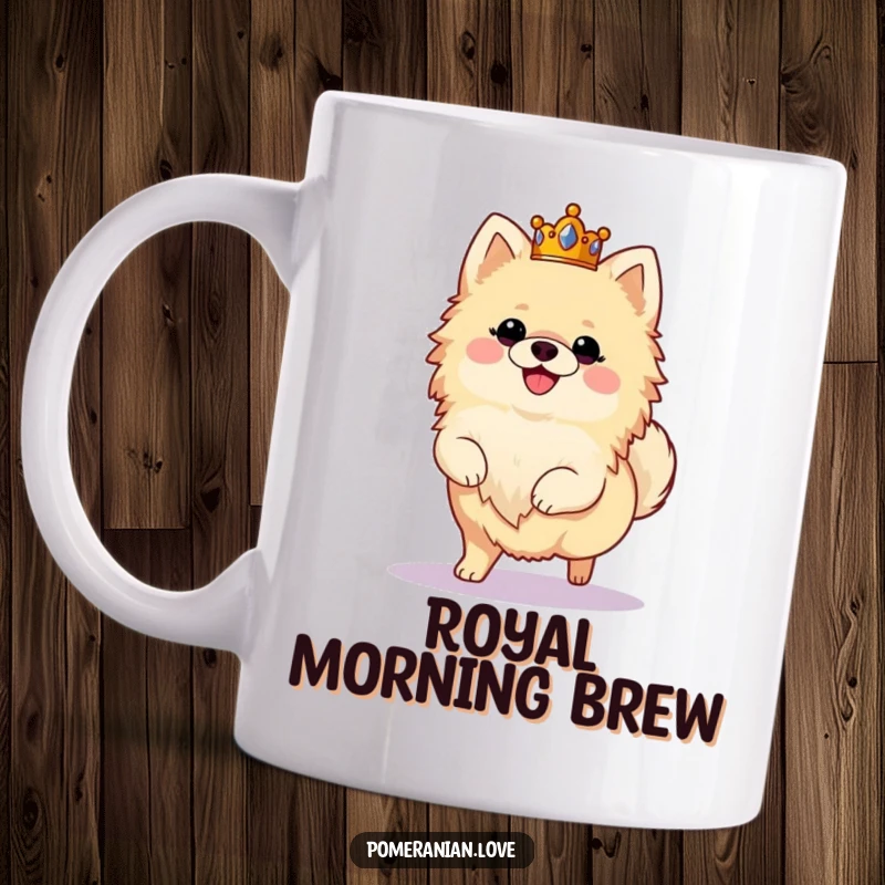 Funny mug featuring a fluffy Pomeranian wearing a crown and prancing joyfully, exuding regal humor and charm.