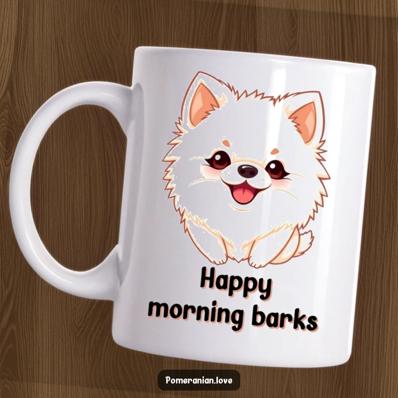 Funny Pomeranian mug showing a happy dog with perky ears barking playfully, full of energy and cheerful sound.