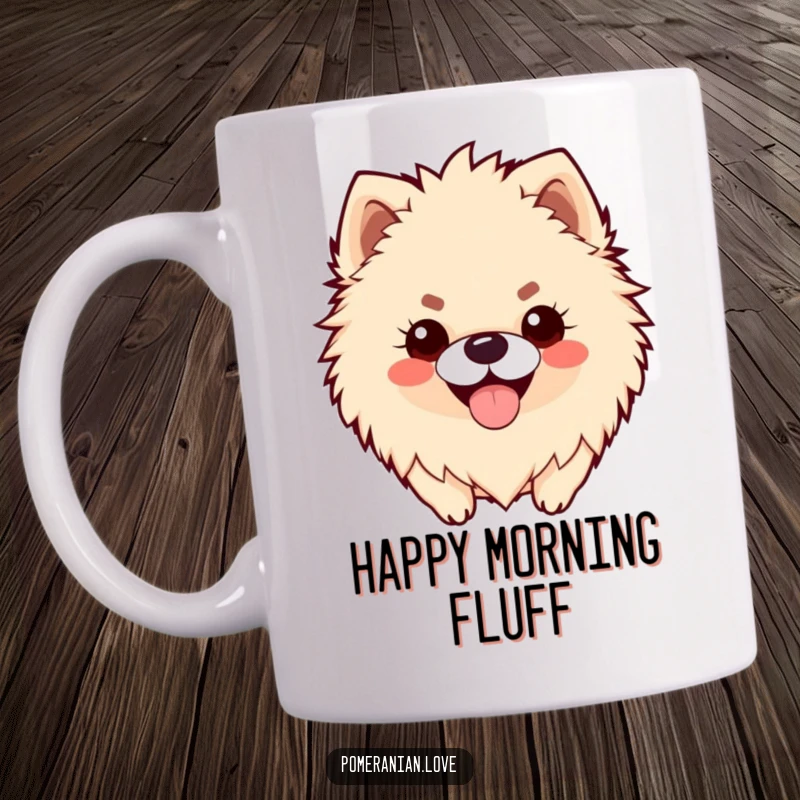 Funny mug featuring a fluffy Pomeranian with a wide, happy panting smile, radiating pure joy and humor.