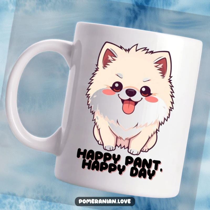 Funny Pomeranian happy pant mug, showing a cheerful dog with tongue slightly out, panting happily, radiating pure joy.