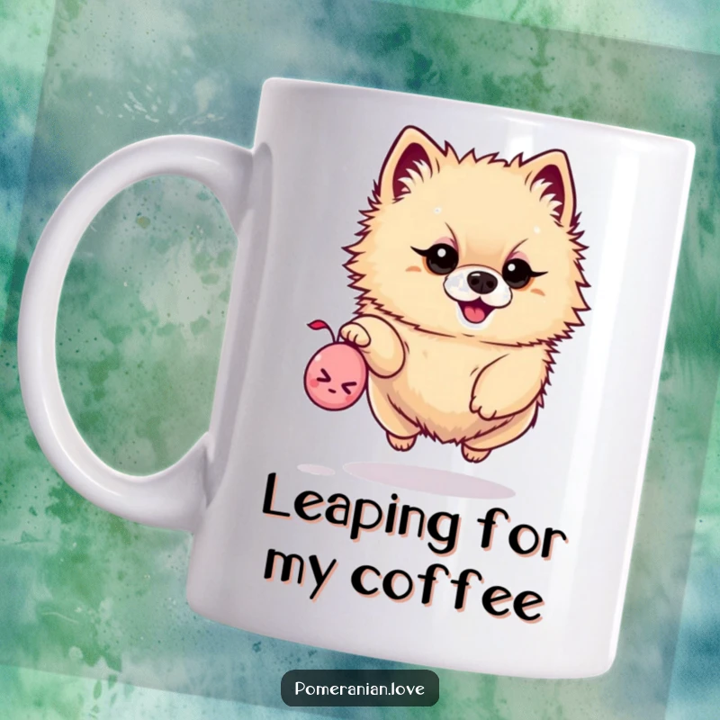 Funny mug depicting a determined Pomeranian mid-air, leaping enthusiastically towards a tiny, squeaky toy.