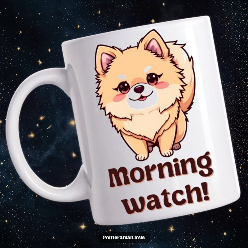 Funny alert Pomeranian mug, a dog with its tail curled, looking attentive, perfect for a funny gift.