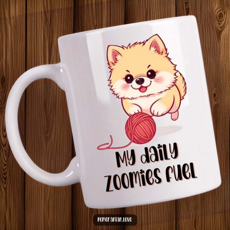 Funny Pomeranian mug with a determined expression, actively chasing a rolling ball of yarn, showcasing playful energy and cute mischief.