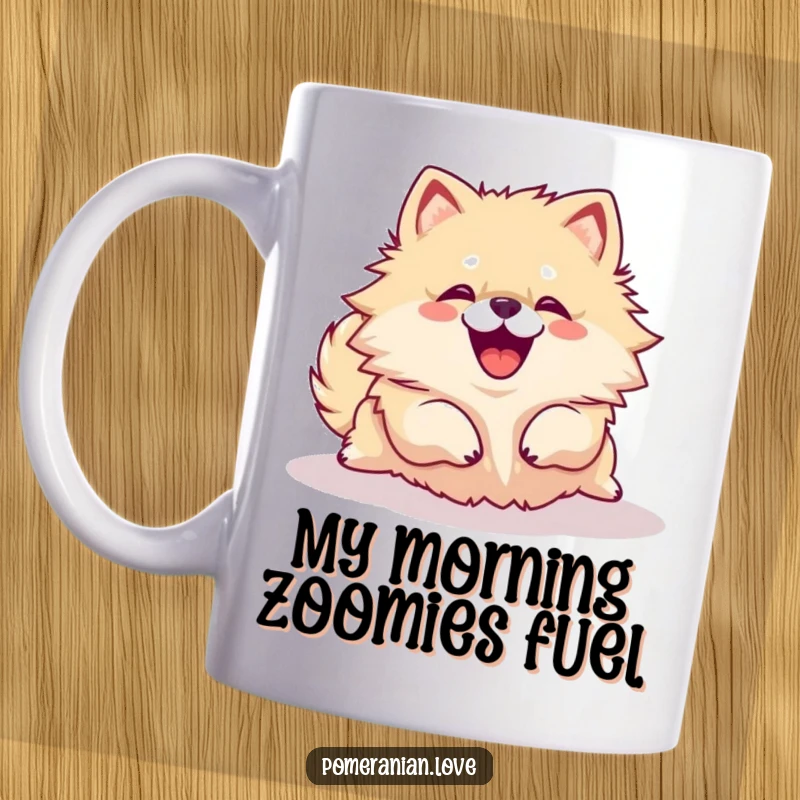 Funny Pomeranian dog rolling over with a joyful yip, captured on a ceramic mug, perfect for dog enthusiasts.