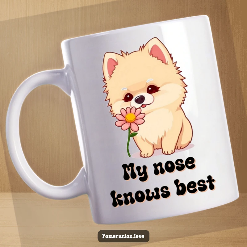 Funny Pomeranian sniffing a flower with a tilted head, showing cute curiosity, perfect for a coffee lover's mug.