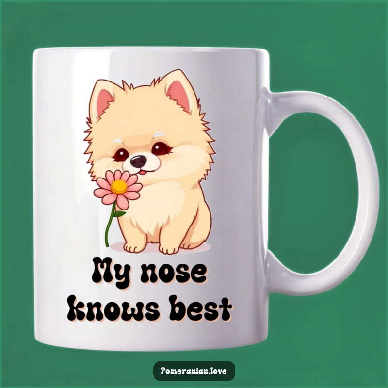 Funny Pomeranian Flower Sniff Mug: Adorable Curious Dog, Perfect Gift for Dog Lovers