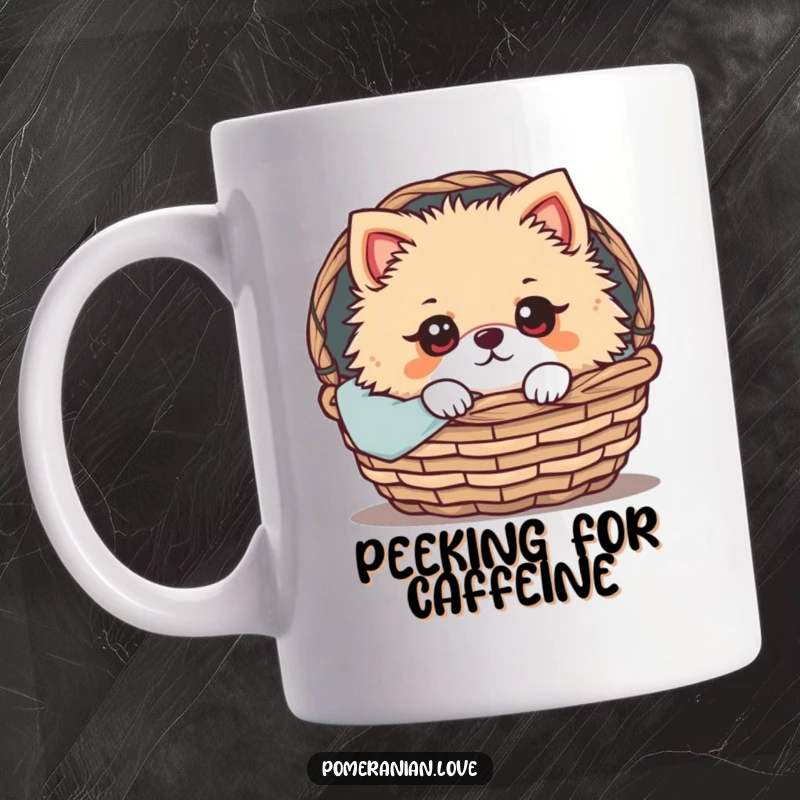 Funny Pomeranian Mug: A cute Pomeranian with wide, expressive eyes peeking out from the comfort of a cozy basket, radiating sweetness.