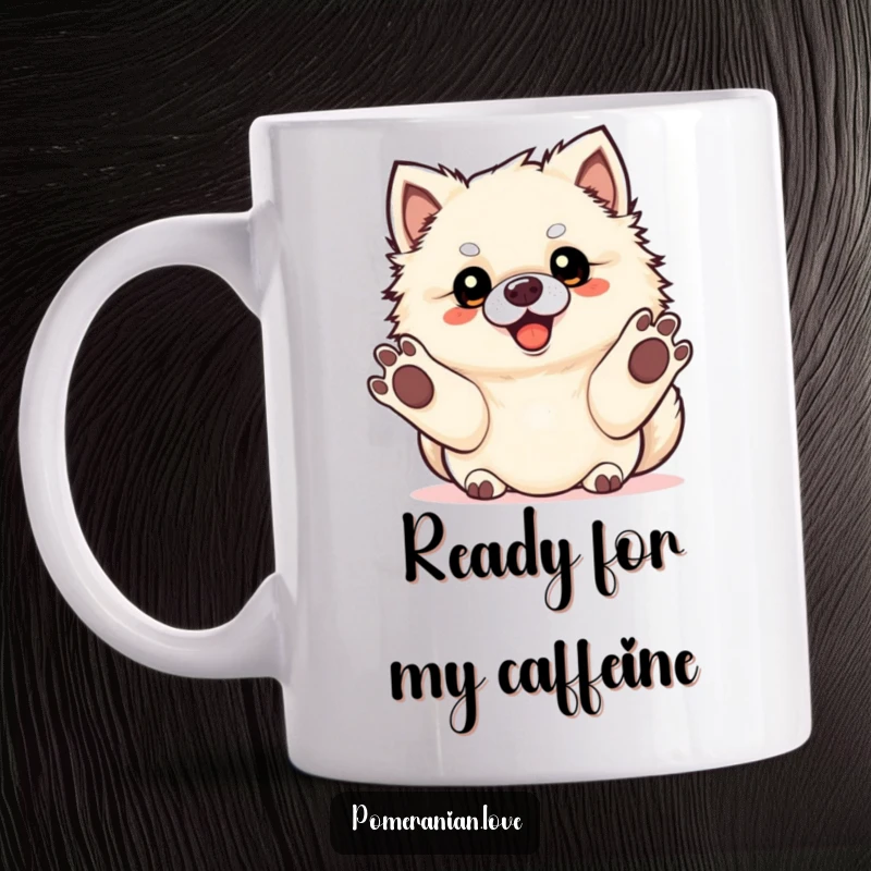 Funny Pomeranian dog with paws extended, eager to play fetch, depicted on a mug.
