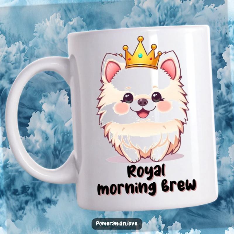 Funny mug with a cheerful Pomeranian dog wearing a tiny crown, exuding royal cuteness.