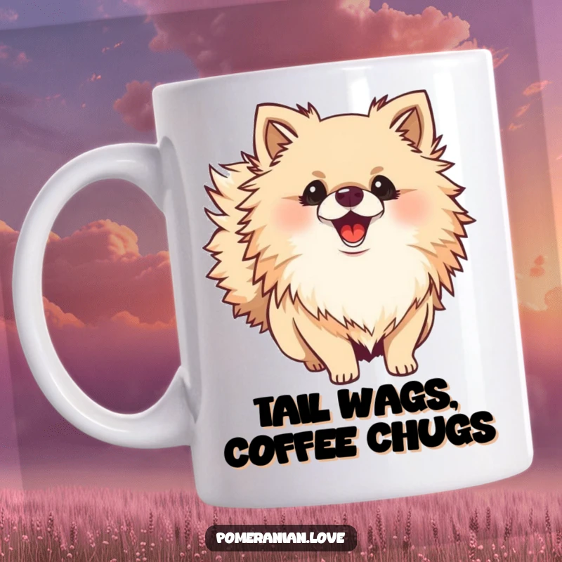 Funny Pomeranian mug featuring a fluffy dog with a bushy tail wagging excitedly, capturing pure canine joy and playful energy.