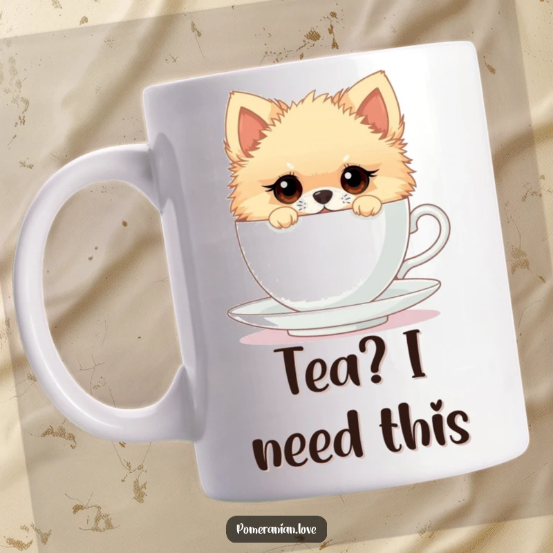 Funny mug with a Pomeranian dog having wide, curious eyes, peeking adorably from the rim of an oversized teacup.