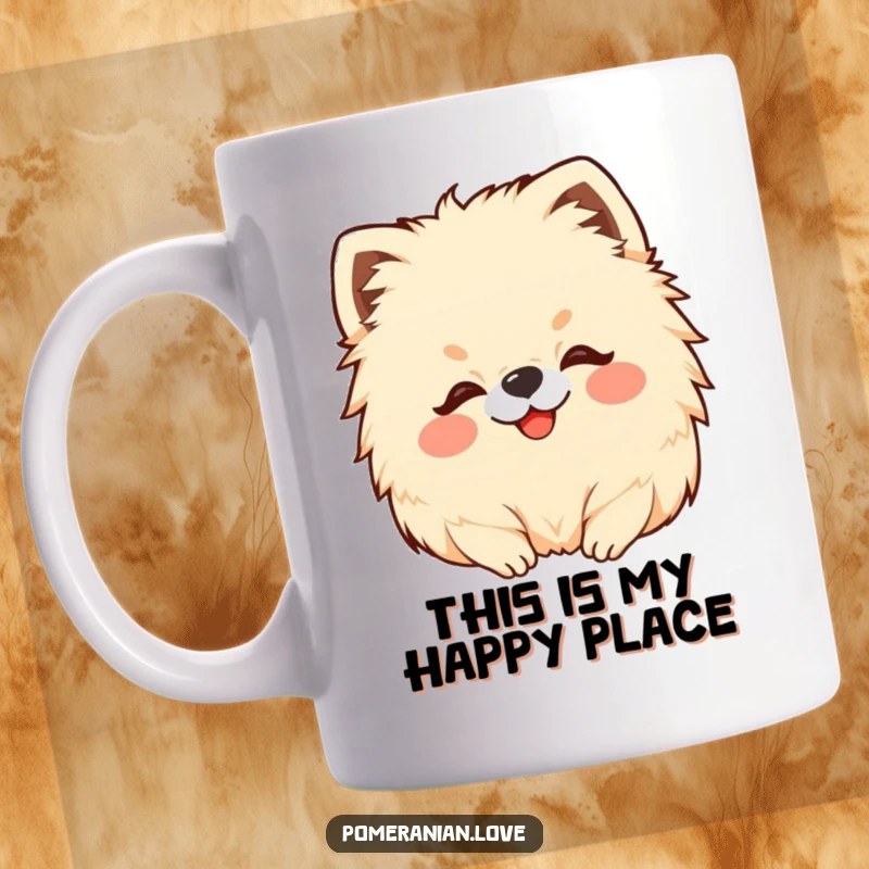 Funny Pomeranian mug showing a fluffy dog enjoying a loving head scratch with a contented expression.