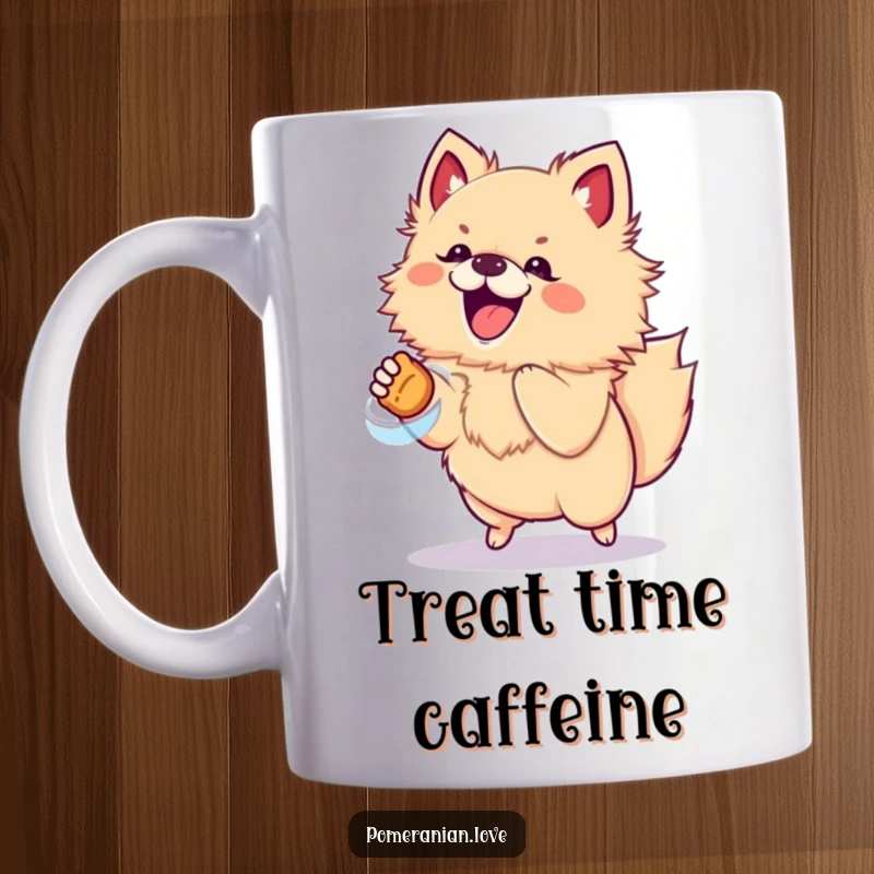 Funny mug depicting an excited Pomeranian dog jumping high in the air for a treat.