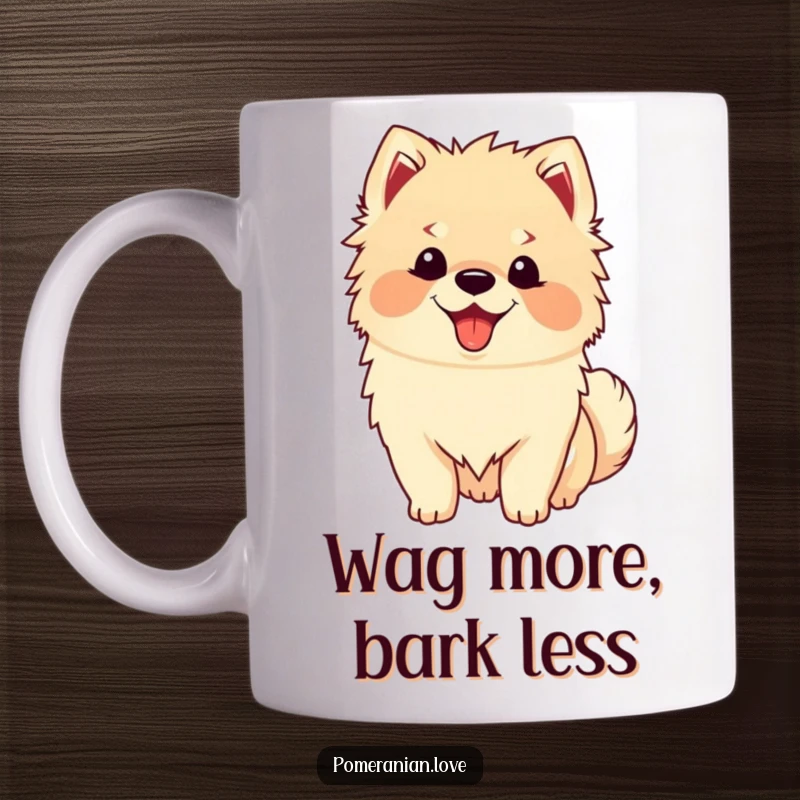 Funny Happy Pomeranian Mug: A fluffy Pomeranian with a joyful, panting face wags its tail with pure, unadulterated excitement.