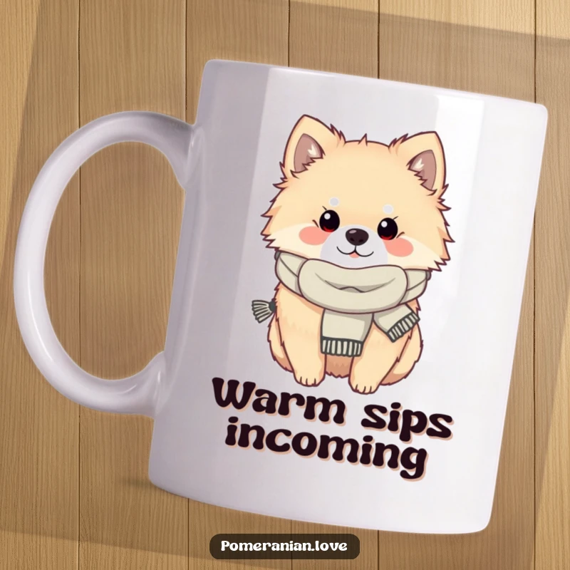 Funny Pomeranian dog wearing a small scarf, looking warm and cozy, featured on a mug for ultimate comfort.