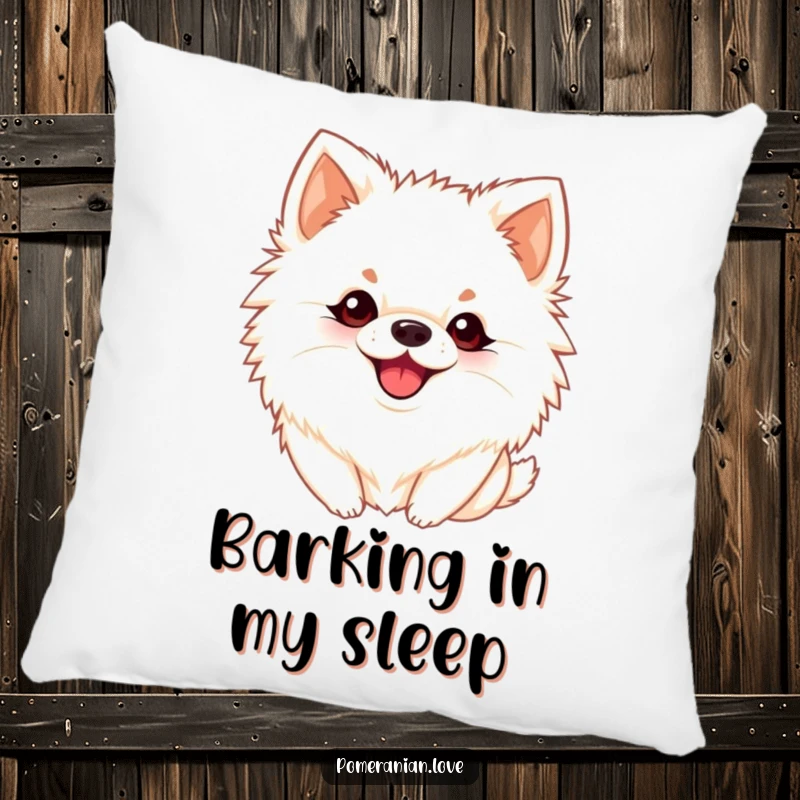 Funny Pomeranian pillow showcasing a dog with perky ears barking playfully, adding comfort and humorous sound.