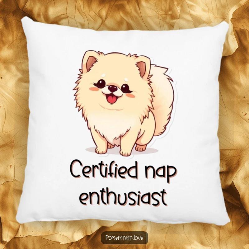 Funny Pomeranian pillow with a fluffy dog wagging its tail, offering comfort and a humorous touch to home decor.