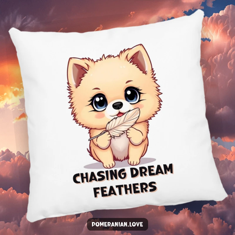 Funny Pomeranian pillow featuring a dog with big, bright eyes playing with a feather, offering cozy comfort and a touch of whimsy.