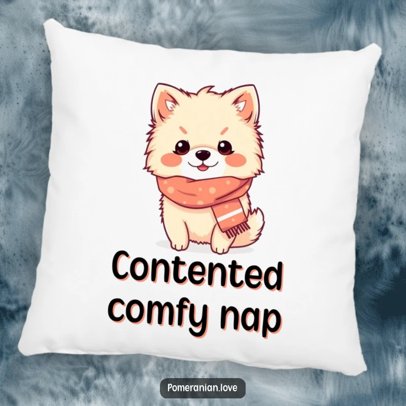 Funny Pomeranian cozy scarf pillow, a content dog wearing a tiny scarf, radiating warmth and humor, a cozy accent.