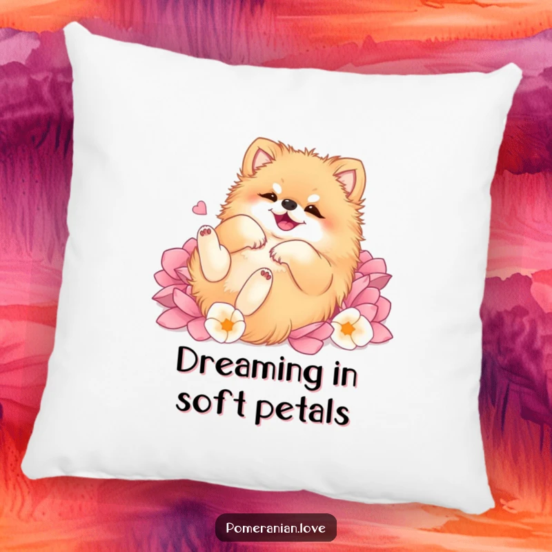 Funny Pomeranian pillow, illustrating a dog's ecstatic moment rolling on its back, surrounded by a soft blanket of delicate flower petals.