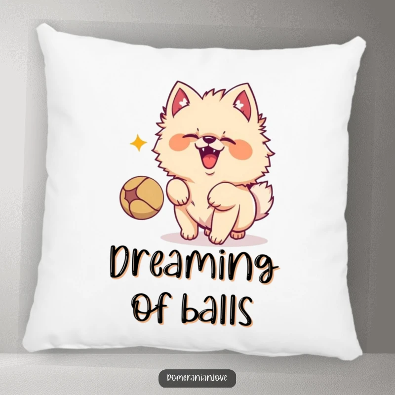 Funny Pomeranian dog character barking excitedly at a bouncing ball, bringing lively charm to this soft and decorative pillow.