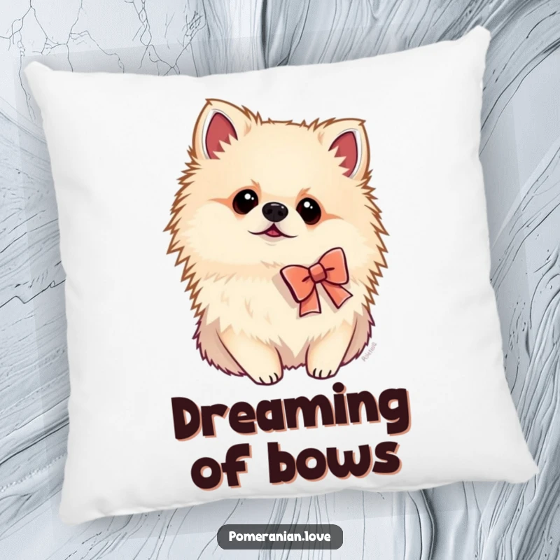 Funny Pomeranian pillow featuring a dog wearing a small bow and tilting its head curiously, offering cozy comfort and charm.