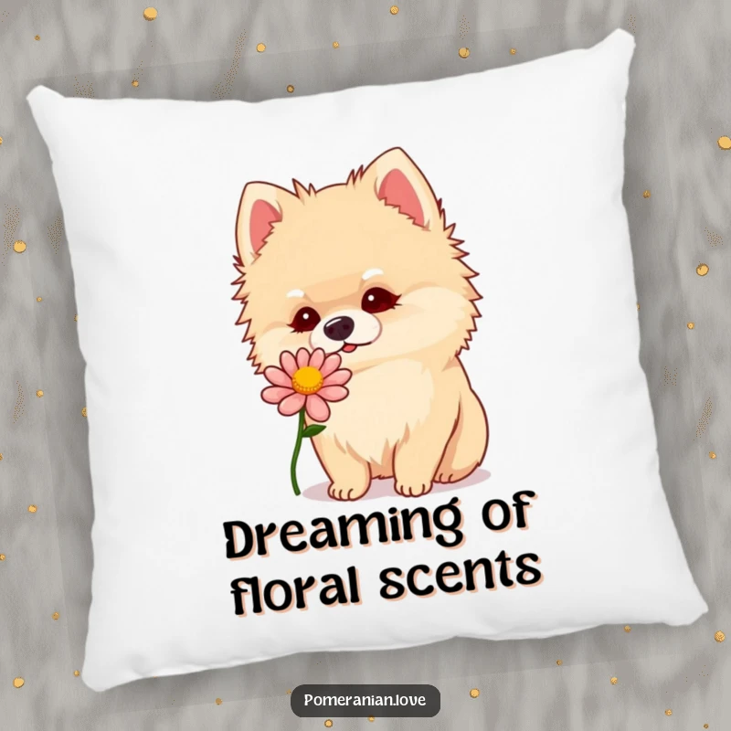Soft pillow featuring a funny Pomeranian tilting its head to sniff a flower, conveying cuteness.