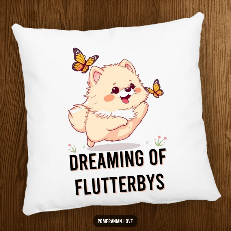 Funny pillow featuring a playful Pomeranian dog chasing a butterfly, perfect for adding a touch of cozy humor.