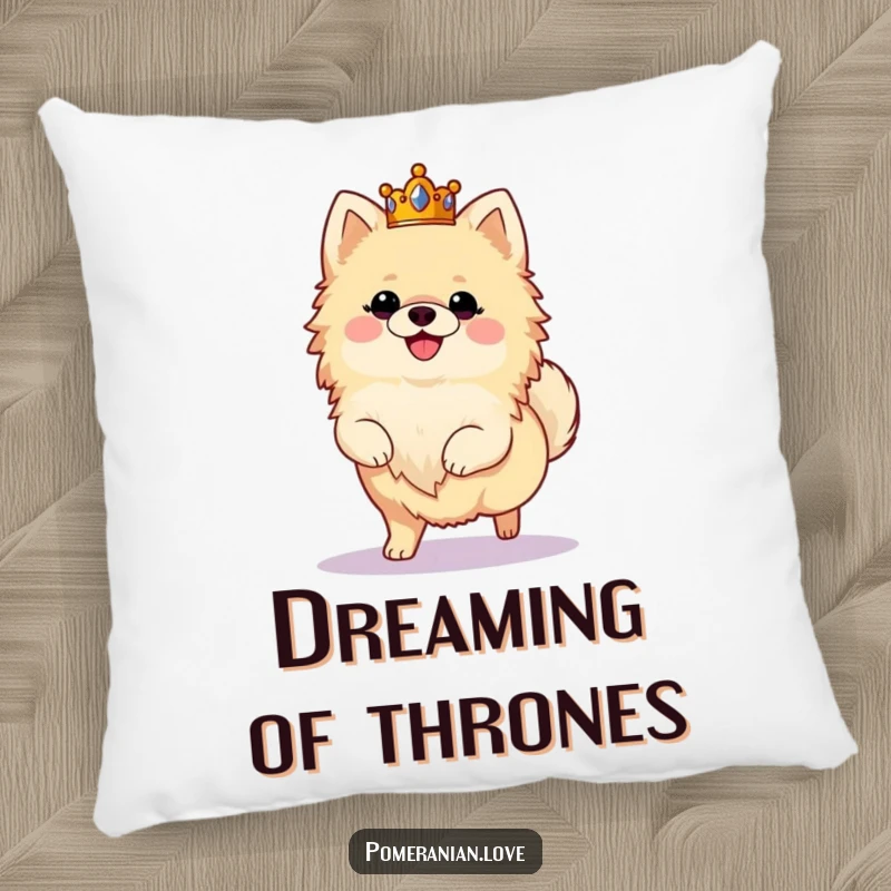 Funny pillow showcasing a fluffy Pomeranian wearing a crown and prancing joyfully, offering regal comfort and humor.