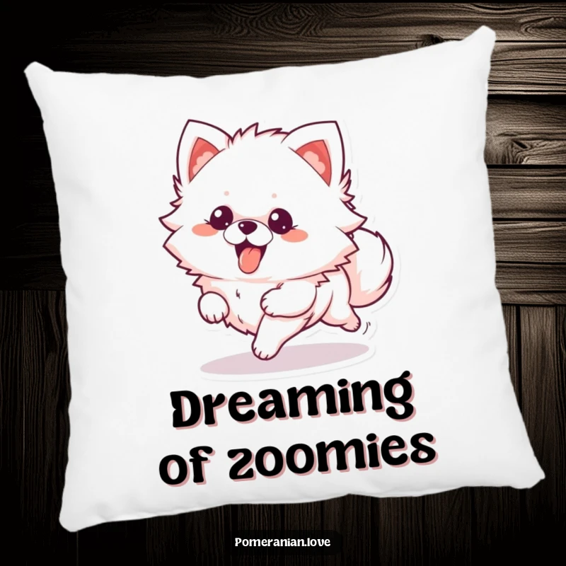 Funny Pillow: A fluffy Pomeranian character running with its tongue out, perfect for cozy dog-themed comfort.