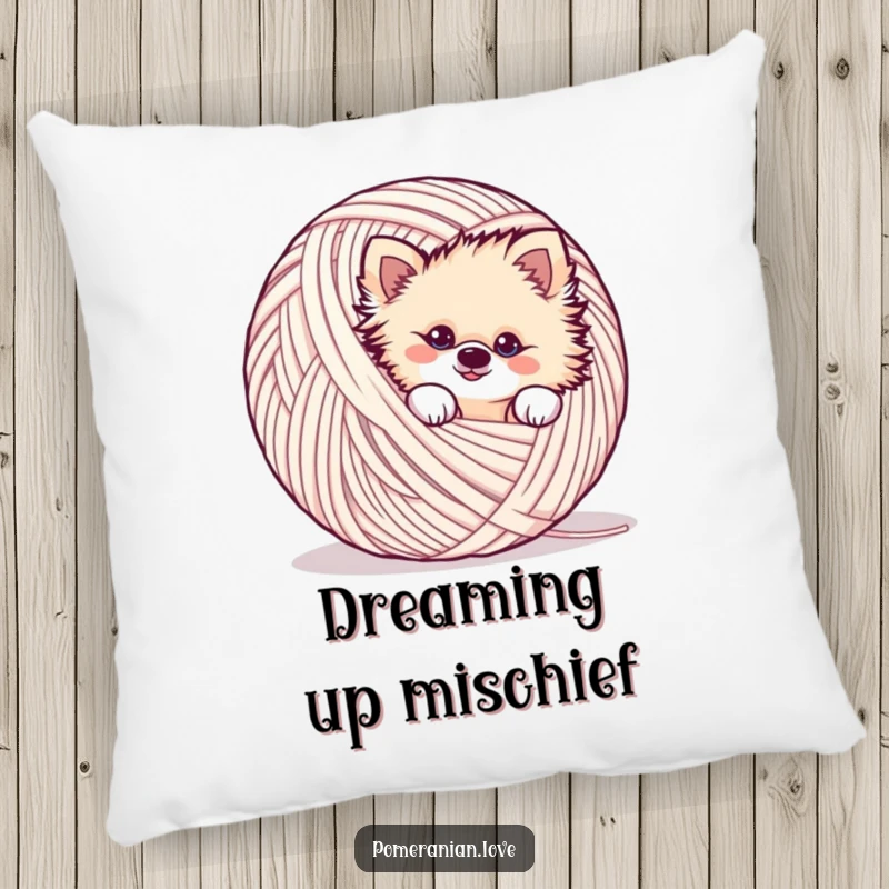 Funny mischievous Pomeranian pillow, peeking from yarn, playful, sneaky, comfortable cushion.