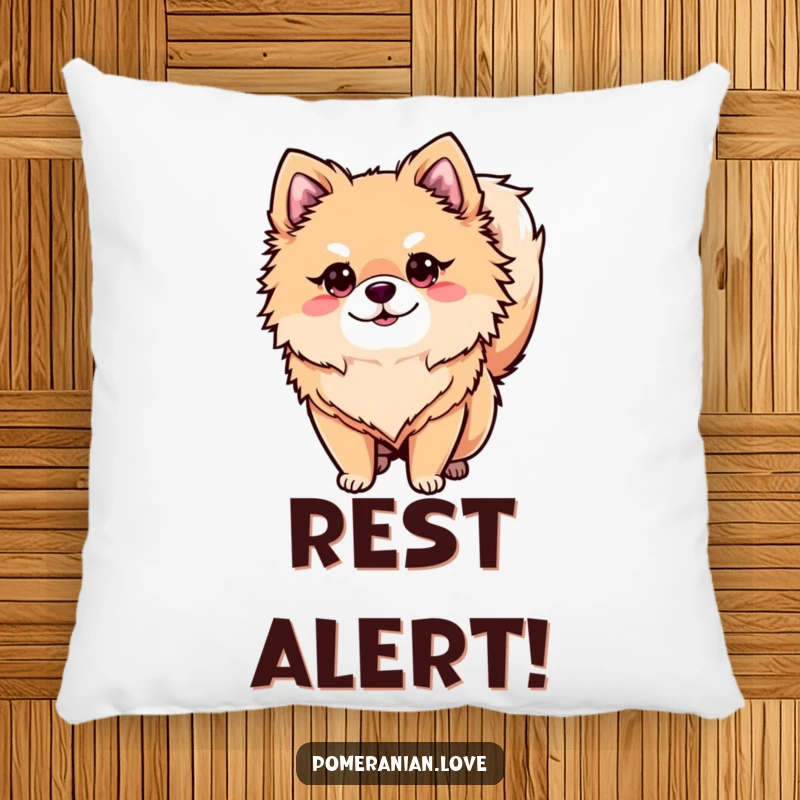 Funny alert Pomeranian pillow, a soft cushion featuring a dog looking alert, great funny gift.