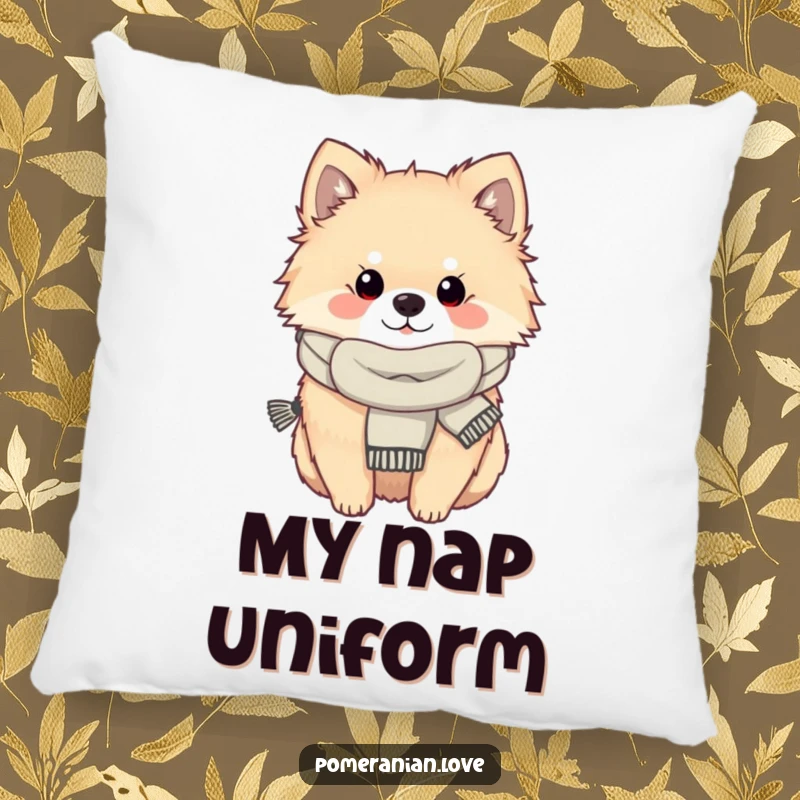 Funny Pomeranian dog wearing a scarf, looking cozy, designed as a soft pillow for humorous and warm accents.