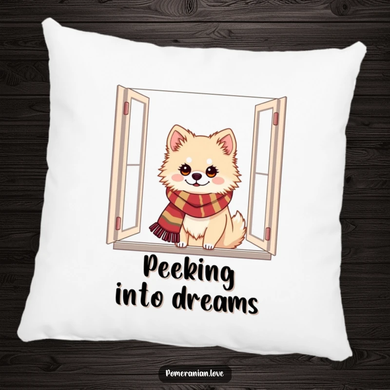 Funny Pomeranian pillow showcasing a dog with a festive scarf peeking from a window, adding holiday comfort and humor.
