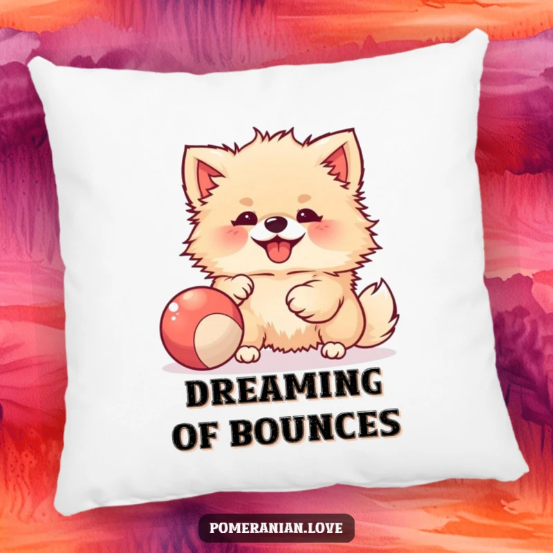 Funny pillow with a joyful Pomeranian playing with a bouncy ball, offering comfort and a touch of happiness.