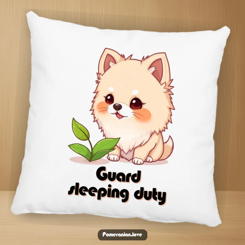 Funny decorative pillow featuring a Pomeranian dog with fuzzy ears barking playfully at a floating leaf, bringing joy.