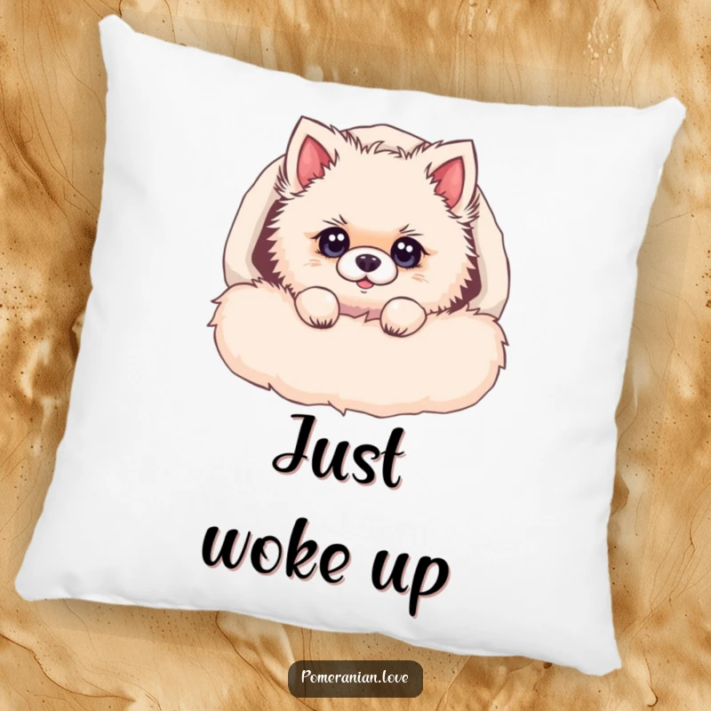 Funny Pomeranian pillow, a fluffy dog peeking from a cozy bed, with bright, curious eyes, perfect for adding comfort and charm.