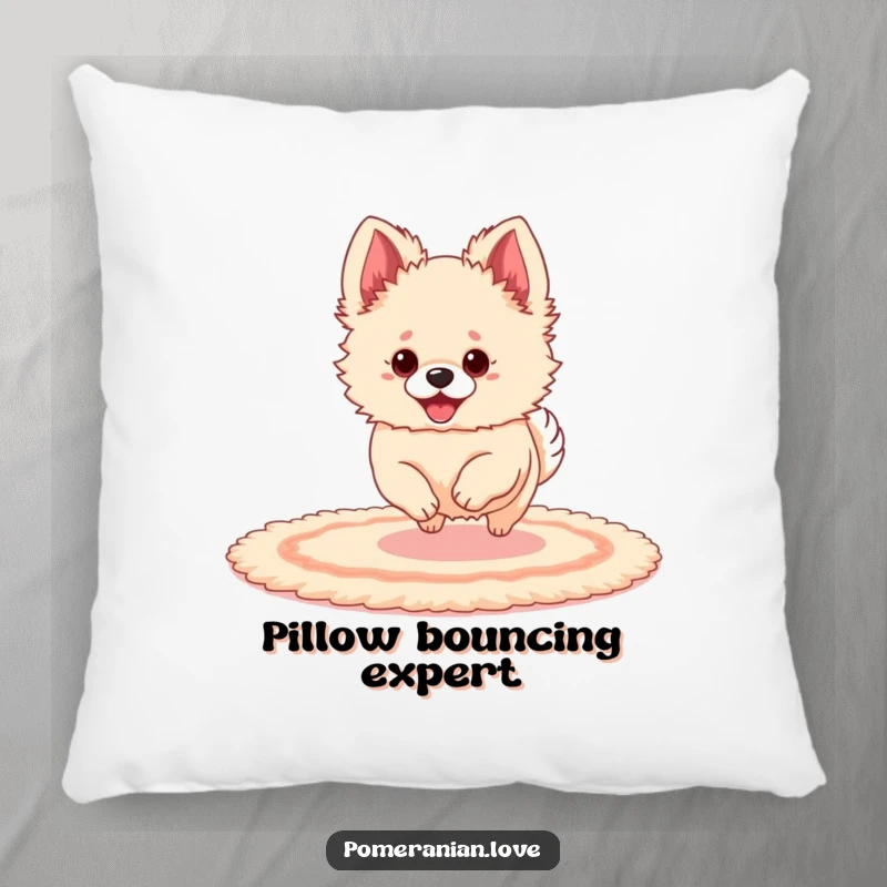 Soft pillow featuring a funny Pomeranian with big ears bouncing on a rug, conveying playful energy.