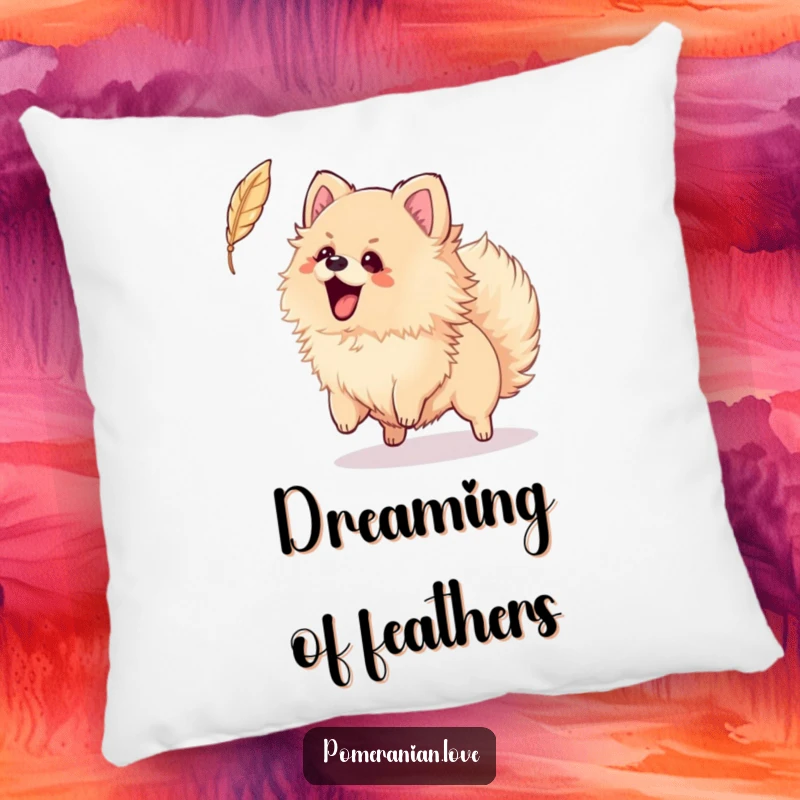 Funny pillow showcasing an excited Pomeranian wagging its tail while trying to catch a feather, offering comfort and playful humor.