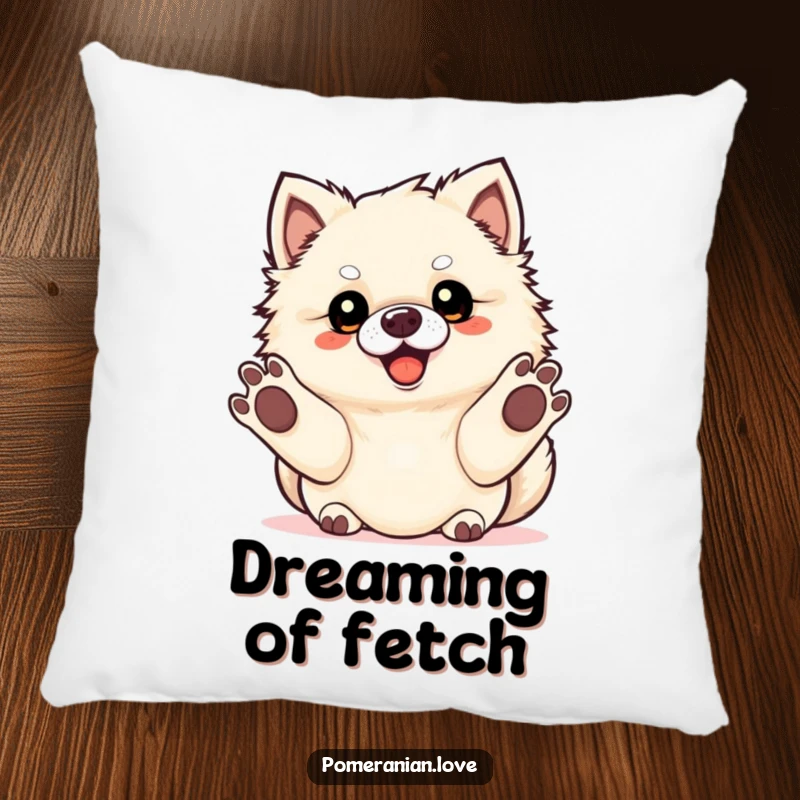 Funny Pomeranian dog with paws extended, eagerly awaiting a game of fetch, on a decorative pillow.
