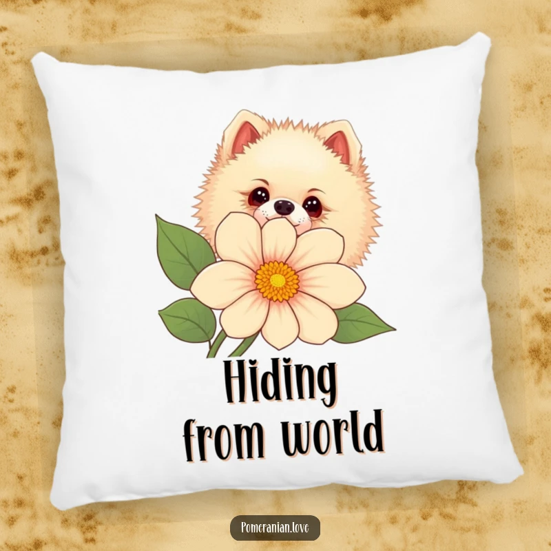 Funny Pomeranian dog peeking curiously from behind a large flower, on a decorative pillow.