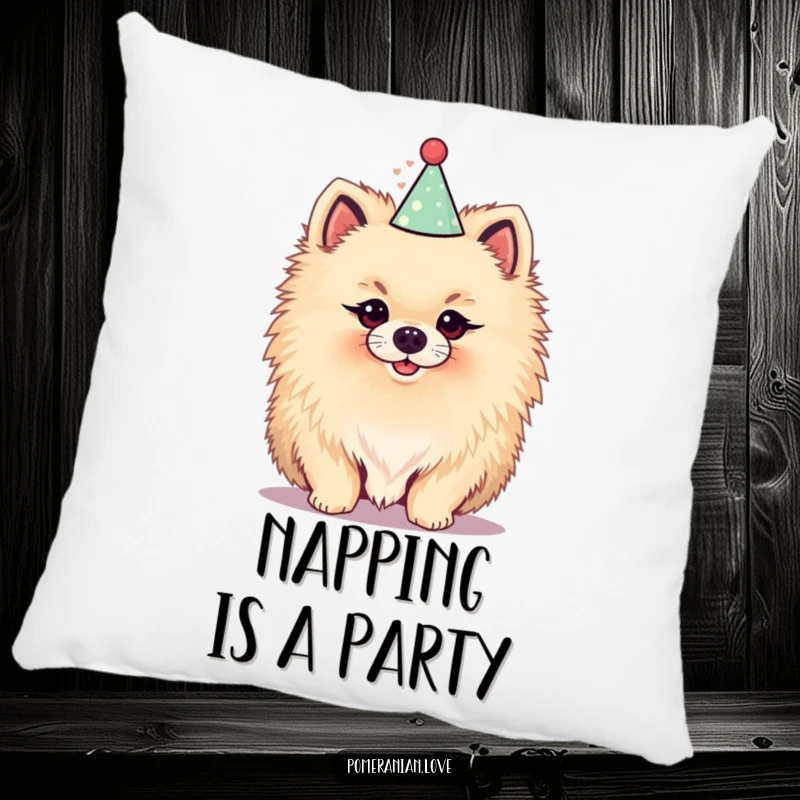 Funny pillow showcasing a fluffy Pomeranian in a party hat, providing comfort and a festive, humorous accent to any living space.