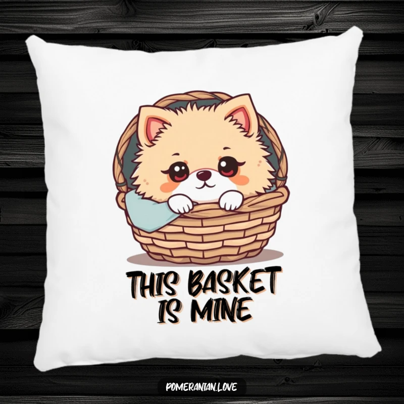 Funny Pomeranian Pillow: A plush pillow depicting a Pomeranian with wide, expressive eyes peeking out from a cozy basket, offering comfort and adorable charm.