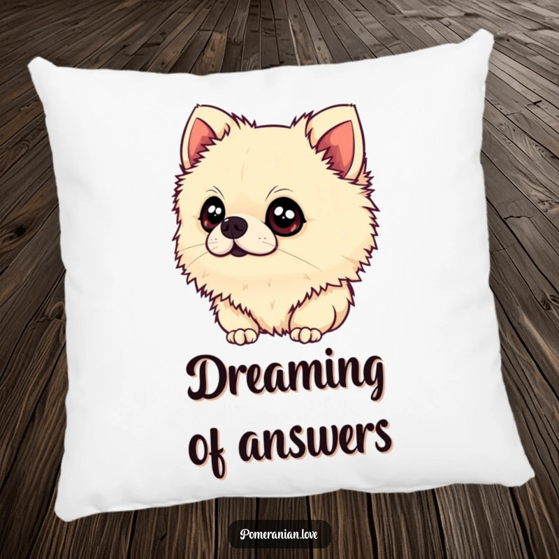 Funny Pomeranian Pillow: A soft pillow featuring a fluffy Pomeranian tilting its head with wide, innocent eyes, adding adorable comfort and humor.