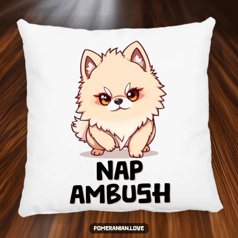 Funny Pomeranian dog character with a determined gaze, ready to pounce, bringing focus and comfort to this plush pillow.