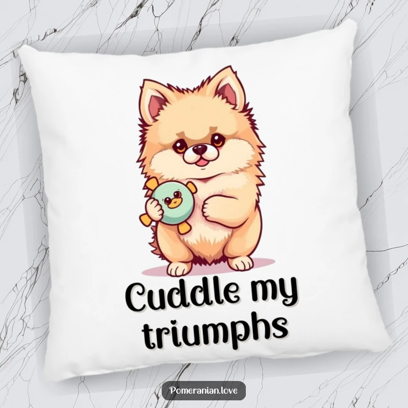 Funny Pomeranian pillow showcasing a proud dog holding a squeaky toy, adding comfort and humorous pride to any room.