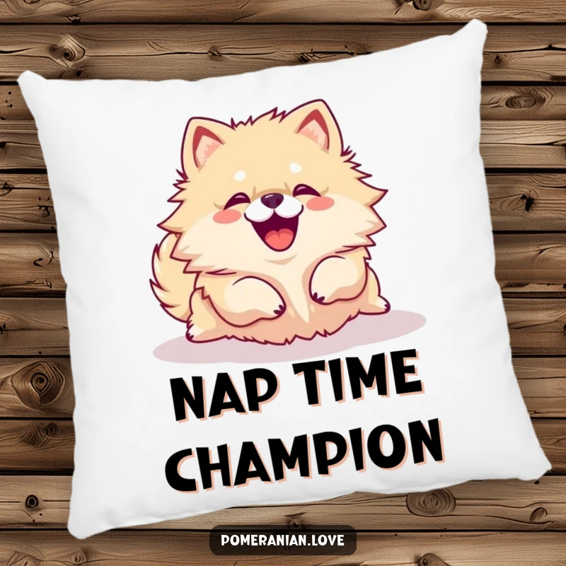 Funny Pomeranian dog rolling over with a joyful yip as a decorative pillow, adding comfort and humor.